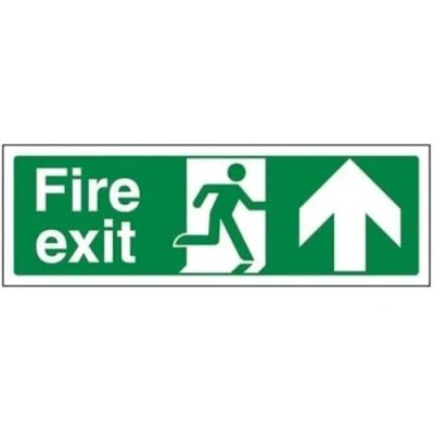 Image of V Safety 14001AX R Fire Exit Arrow Up Sign Landscape 300mm x 100mm 1mm Rigid Plastic, Green