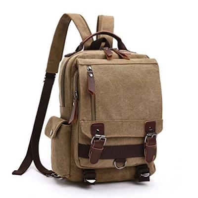 Image of LOSMILE Unisex Backpack Daypack Shoulder Bags Canvas Messenger Bag Travel Rucksack Cross Body Sling (Khaki)