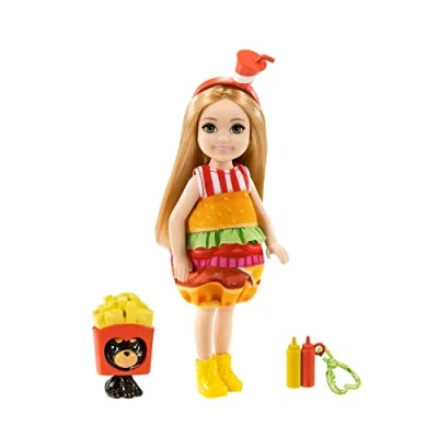 Image of Barbie Club Chelsea Dress Up Doll (6 inch Blonde) in Burger Costume with Pet and Accessories, Gift for 3 to 7 Year Olds