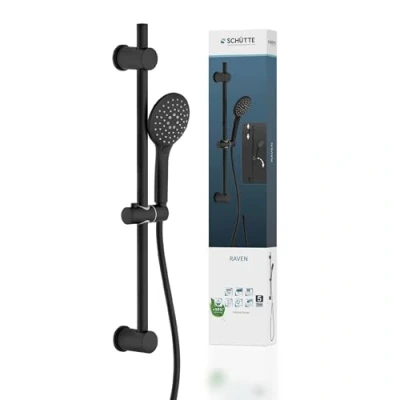 Image of Schütte Raven Rail and Hand Held 3 Way Adjustable Head Set Column Rain Shower Panel with Hose in Black