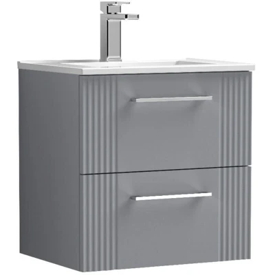Image of nuie Modern Bathroom Wall Hung 2 Drawer Part Fluted Vanity Unit with Minimalist Ceramic Basin, Satin Grey, 500mm