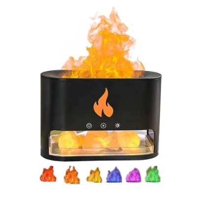 Image of Flame Crystal Salt Aromatherapy Diffuser, Fireplace Aroma Humidifier Himalayan Lamp, Essential Oil Diffuser With Automatic Safety Switch, 250mL(Color:Black)