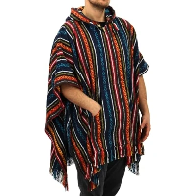 Image of LOUDelephant 100% Woven Gheri Cotton Mexican Style Hooded Poncho Blue &amp; Red