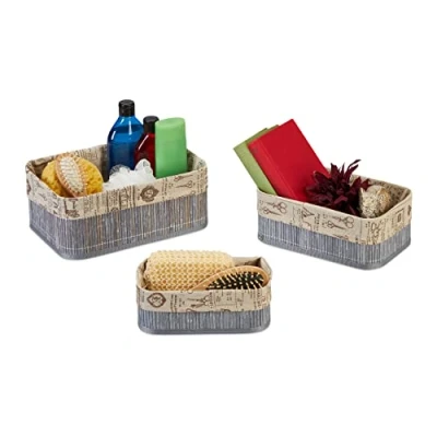 Image of Relaxdays Set of 3 Storage Baskets, Bamboo with Fabric Lining, Sizes, Shelf Tidy, Bathroom, Grey/Beige
