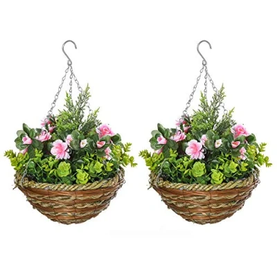 Image of Outsunny Pack of 2 Artificial Lisianthus Flowers Hanging Planter with Basket for Indoor Outdoor Decoration