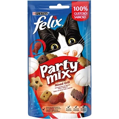 Image of Purina Felix Party Mix Snack Cat Mixed Grill with Beef, Chicken and Salmon, 8 Packs of 60 g