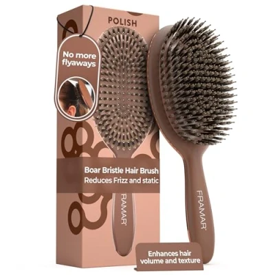 Image of FRAMAR Soft Boar Bristle Hair Brush Boars For Women, Fine Hair, Bristles Chocolate