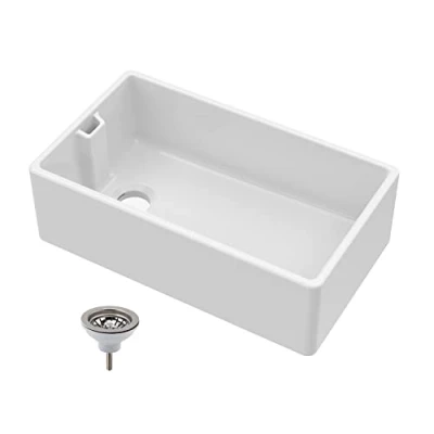 Image of Single Bowl Fireclay Belfast Kitchen Sink with Compatible Chrome Basket Strainer Waste 795 x 460 245mm