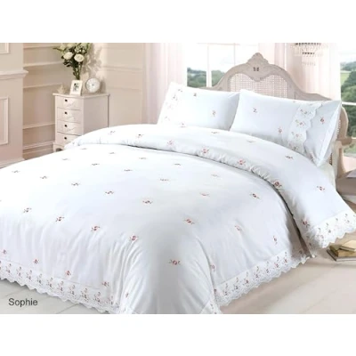 Image of Rapport Home Duvet Quilt Cover Floral Lace Trim Embroidered Bed Set, Polyester Cotton, White, Super King
