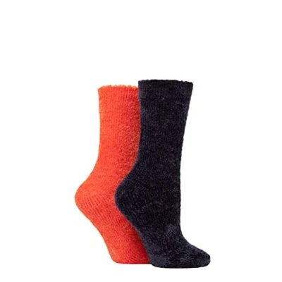 Image of Elle Ladies Chenille Leisure Socks Pack of 2 Charcoal/Rust 4 8