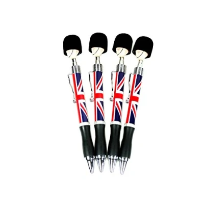 Image of Stationeries Soldier Head Pens (Set of 4) Collectable London Souvenir Ball Point Pens, Union Jack with Guardsman Design
