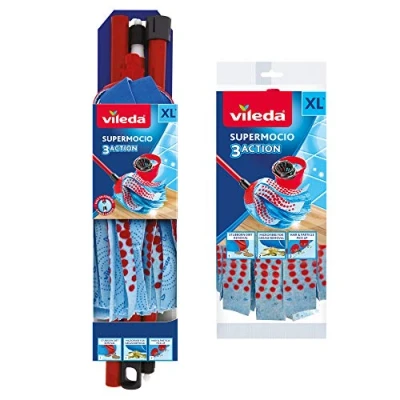Image of Vileda &quot;SuperMocio&quot; 3 Action Compact Mop with Extra Refill, Plastic, Red/Blue, 12 x 11 48 cm