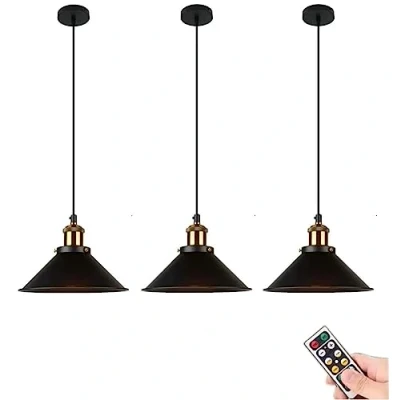 Image of 1 Pack Battery Operated Pendant Light with Remote,Indoor Black No Wiring Ceiling Hanging Lamp,Vintage Wireless Lighting Chandelier Fixture for Farmhouse Dining Room Kitchen Island