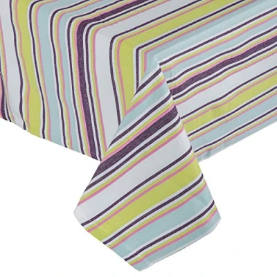 Image of HOMESCAPES Osaka Green Stripe Cotton Tablecloth 4 Seater Square 137 x cm (54 54 Inches) Green, Blue, White, Wine Stripes 100% Cotton, Washable at 40 Deg C