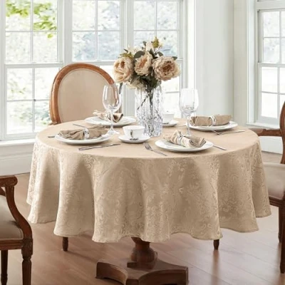 Image of Elrene Damask Tablecloth, Polyester, Taupe, 70 Inches Round