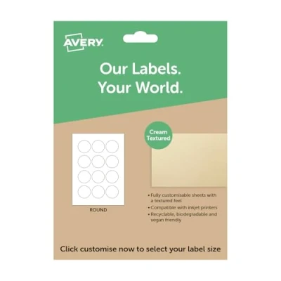 Image of Avery Round Cream Textured Paper, A4 Sheet of Labels, Custom Stickers, Personalised Sticky Labels for Printing, Product Candle