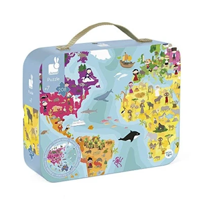Image of Janod 208 Piece Children&#039;s World Puzzle Double Sided Educational Geography Game Teaches Fine Motor Skills and Concentration Suitable for Ages 7 Up, J02655