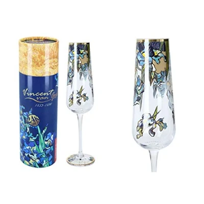 Image of Carmani Lovely Champagne Flute Glass Decorated with &#039;Irises&#039; by Vincent Van Gogh 220 ml