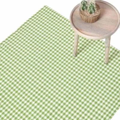 Image of HOMESCAPES 100% Cotton Checkered Gingham Rug Handwoven Lime Green 110 x 170 cm Check Large for Living Room Bedroom and Hallway