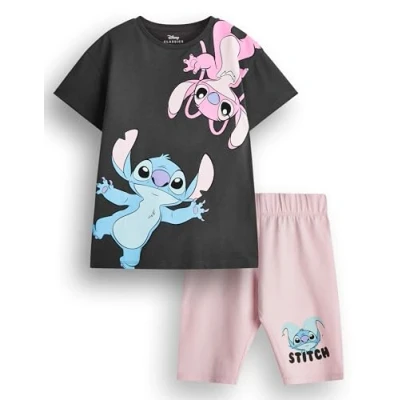 Image of Disney Lilo &amp; Stitch Girls T Shirt Shorts Set Kids Dark Grey Short Sleeve Graphic Tee Pink Cycling Complete Outfit Angel Clothing Bundle Movie Series Merchandise Gift
