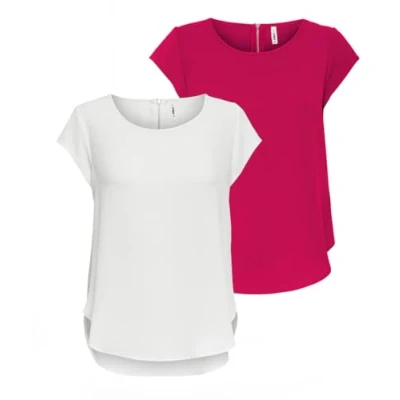 Image of ONLY Women&#039;s Onlvic SS AOP Noos PTM Top, T Shirt Blouse, Blouse Shirt, for Women, Chic Pack of 2 (1 x Cloud Dancer/1 Granita), 42 (EU) / 14 (UK)