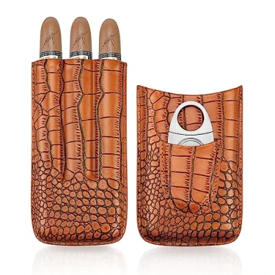 Image of Leather Cigar Case with Cutter 3 Holder Cedar Wood Lined Humidor Portable Travel Case(Brown)