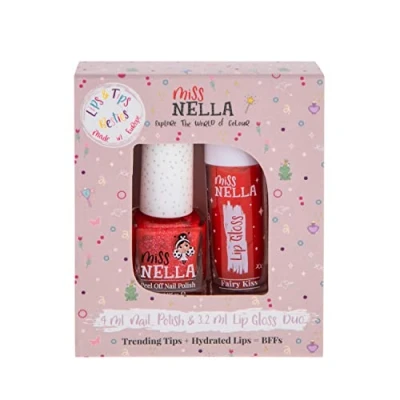 Image of Miss Nella Fairy Kiss Lips &amp; Tips duo Scented Lip Gloss + Glitter Nail Polish for Kids with Peel off, Water Based Odour Free Formula