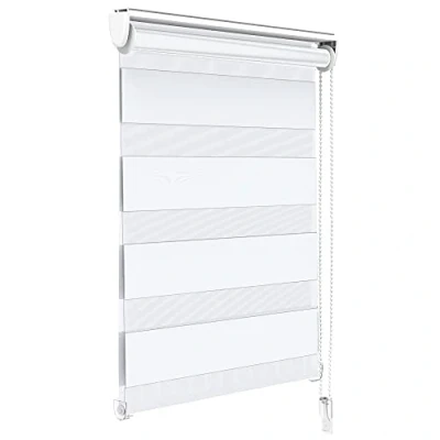 Image of VOUNOT Day Night Roller Blind Double Fabric with or without Drilling 55 x 150 cm Protection of Your Private Life Curtain for Windows and Doors Bedroom Easy to Install Clips White