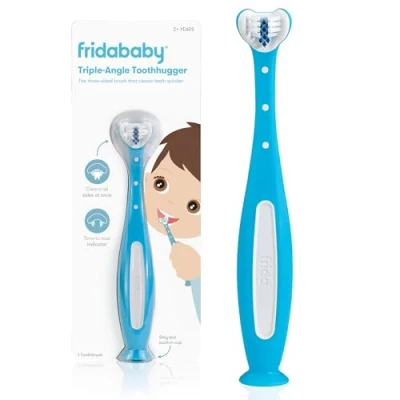 Image of Frida Baby Toothhugger Kids Toothbrush: U Shaped Toothbrush with Triple Angle Bristles, Easy Grip Handle, Soft for Toddlers and 2+ Years Old, Blue