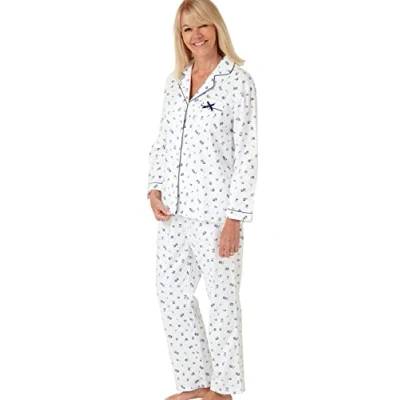 Image of Marlon Womens Blanche Printed Brushed Cotton Piped Revere Collar Pyjama, Nina Ocean Blue, 24 26