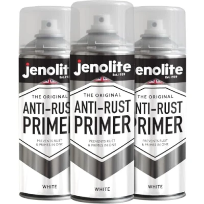 Image of JENOLITE Anti Rust Primer Spray Paint WHITE 3x400ml High Performance Metal &amp; Corrosion Protection For Cars, Radiators, Garden Furniture More