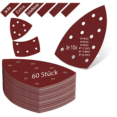 Image of KSP Tec 60 pieces sandpaper triangular sanders + 12 sanding strips, delta triangles, 105 x 152 mm, Velcro pads, multi sander (105 mm)