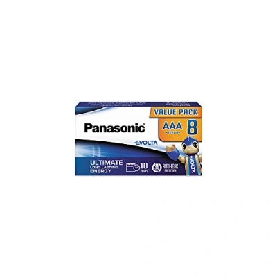 Image of Panasonic EVOLTA AAA batteries, pack of 8 alkaline Micro LR03, plastic free packaging, 100% recyclable, 1.5 V, premium batteries for toys, robots and torches