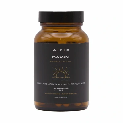 Image of APE Nutrition Dawn Organic Cordycep Lion’s Mane Mushroom Blend Capasules (80 Capsules) Certified Organic, Improve Energy Focus &amp; Memory, UK Supplements, 100% Pure No Filler