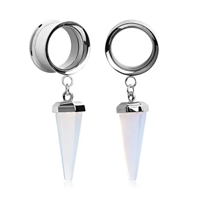 Image of KUBOOZ(1 Pair Opal stone Pendant Stainless Steel Ear Plugs Tunnels Gauges Stretcher Piercings 0g