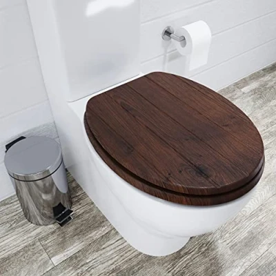 Image of Croydex Molvena Toilet Seat: Durable, Moulded Wood with Walnut Effect, Adjustable Hinges, Fit Most Standard Toilets, Seats Installation from Above or Below Pan, Fittings Included