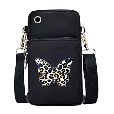 Image of FINDING CASE Wild Printed Women Girls men Zipper Waterproof Nylon 3 Layers Crossbody Bags Wallet Cellphone Purse Shoulder Bag Wristlet Handbags Adjustable Strap (Leopard Butterfly)