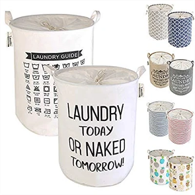 Image of LessMo 2 Pcs 17.7&quot; Laundry Basket, Foldable Basket Storage Sorter, Drawstring Waterproof Closure for Dust proof, Room, Large Cotton and Linen Fabric
