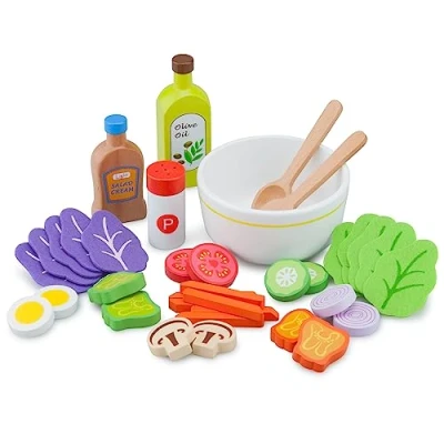 Image of New Classic Toys Wooden Salad Set with Bowl, Cream and Accessories Pretend Play Food, Kids Toys, Kitchen for of 1