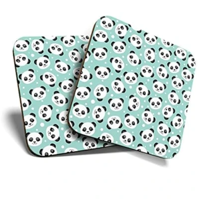 Image of 2 x Square Coasters Cartoon Panda Bear Faces Teal Pattern Cork Backed Home Kitchen Accessory Tea Coffee Mug Mat #44532