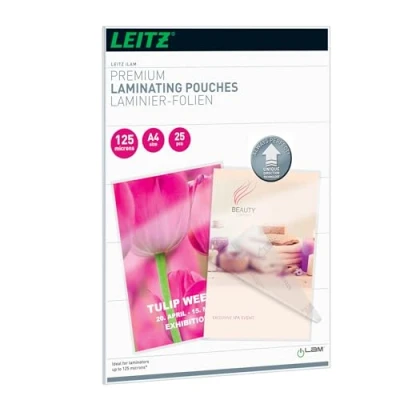 Image of Leitz 74820000 Laminating Pouches Made of 125 Micron Thick Materia (Transparent, Glossy, A4 and UDT) Pack 25
