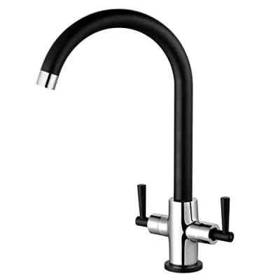 Image of Peppermint Kitchen Mixer Taps 1 Hole Black Chrome Sink Monobloc Tap Dual Lever 360 Swivel Swan Neck for