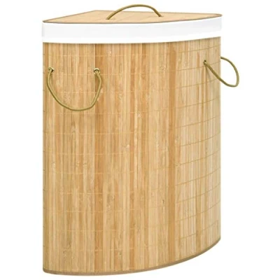 Image of vidaXL Bamboo Corner Laundry Basket 60L Capacity Lightweight and Portable, Versatile Storage for Clothes Toys, Easy to Store, Aesthetic Design, Comes with a Removable Fabric Liner, Brown.