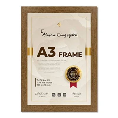 Image of Alison Kingsgate Dark Oak A3 Frame in Size 30x42cm with Clear Perspex Sheet &amp; Wall Mounted Hook Use for Picture Frames Photo Poster (A3, Oak)