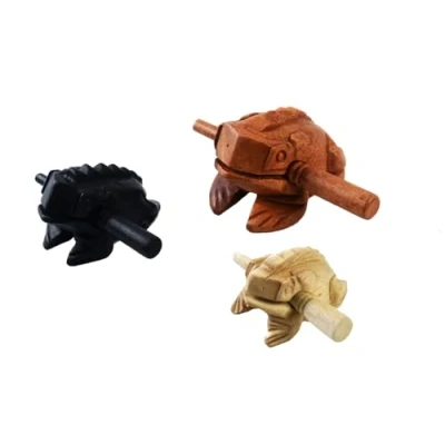 Image of Guiros Percussion Instruments Wooden Frog 3 Piece Set of 4 Inch, 2.75 Musical Instrument (Brown/Black/Natural Color)