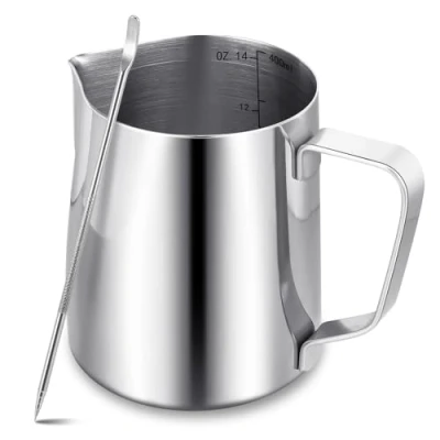 Image of Milk Frother Jug,400ml/14oz Jug with Latte Decorating Art Pen,Metal Barista Frothing Pitcher Cup for Coffee Machine.(Silver)