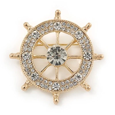 Image of Avalaya Gold Plated Clear Crystal Ship&#039;s Steering Wheel Brooch 35mm D
