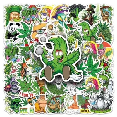 Image of 100Pcs Funny Weed Stickers Water Bottles Laptop Car Hydroflasks Phone Guitar Skateboard Computer Mixed Leaves Green Vinyl Sticker Waterproof Aesthetic Trendy Decals for Teens Kids Adults