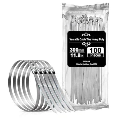 Image of Stainless Steel Cable Ties, Deecam 100 Pcs 4.6x300mm Metal Tie, 304 Zip Ties with Ball Stopper, Suitable for Binding Cable, Garden Repair (100 Pcs)