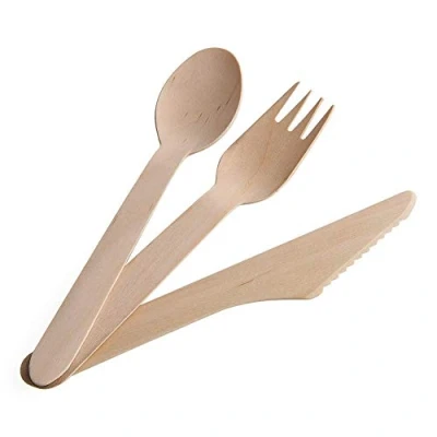 Image of We Can Source It Ltd Disposable Wooden Cutlery 300 Pack Forks (100), Knives (100) and Spoons Perfect Alternative to Plastic Biodegradable, compostable, eco Friendly.